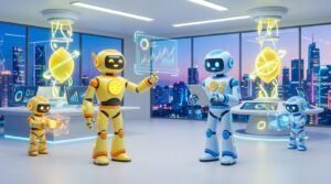 A group of friendly 3D robots collaborating in a vibrant, citrus-themed tech environment, representing the secure choice of LaunchLemonade's AI for financial advisers compared to public AI tools.