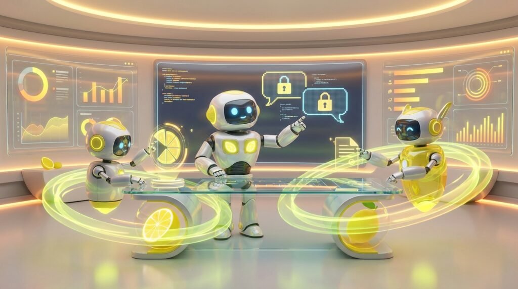A team of friendly 3D AI robots working collaboratively in a vibrant, modern tech workspace with bright citrus and lemon accents, illustrating secure professional services AI analyzing and protecting data.