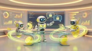 A team of friendly 3D AI robots working collaboratively in a vibrant, modern tech workspace with bright citrus and lemon accents, illustrating secure professional services AI analyzing and protecting data.